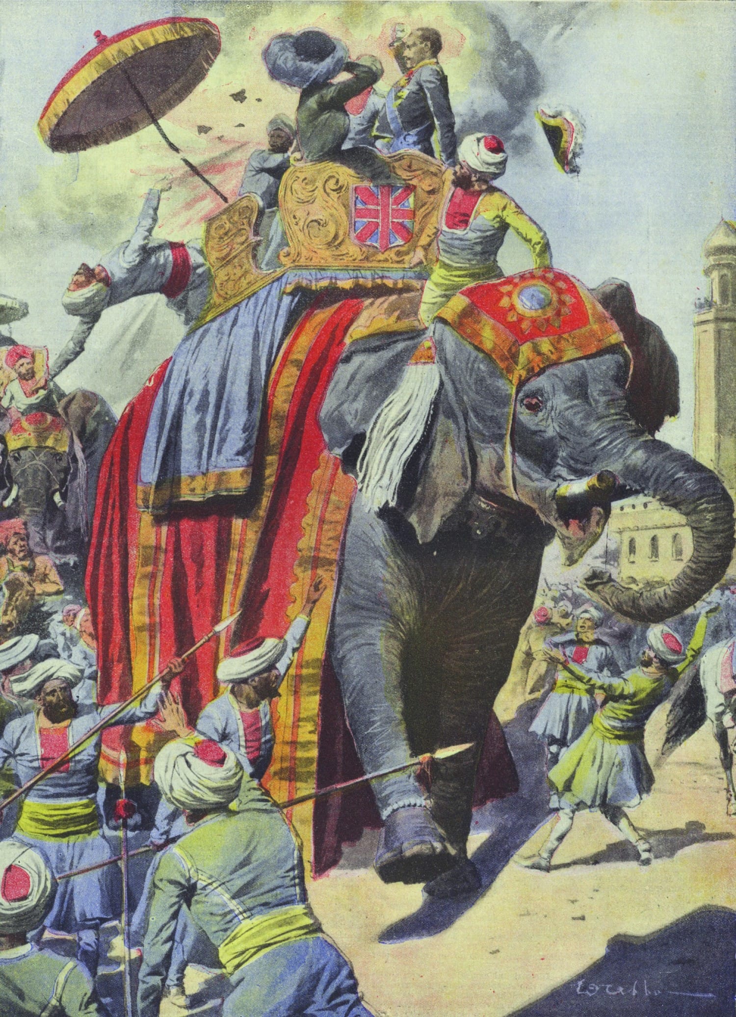An illustration of the assassination attempt on Lord Charles Hardinge, Viceroy of India, on 23 December 1912 on the occasion of the transfer of the capital of British India from Calcutta to New Delhi. A bomb was thrown by Indian nationalists at the viceroy’s ceremonial procession in Delhi. Hardinge escaped with injuries but his mahout was killed. The act of terror galvanised the movement to gain independence for India. Illustration by E. Abbo for La Tribuna Illustrata, 5–12 January 1913. © Look and Learn.